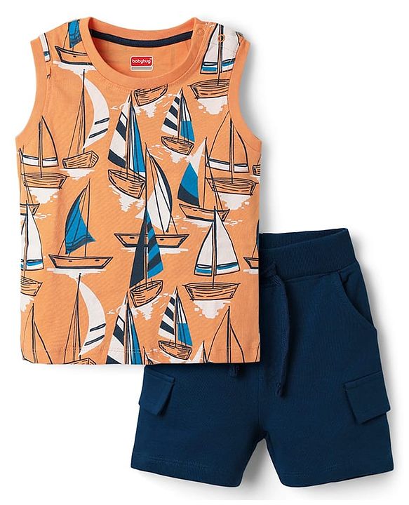 Babyhug Single Jersey Knit Sleeveless Tank T-Shirt & Shorts Set With Nautical Print Theme - Orange & Navy Blue