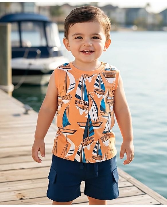 Babyhug Single Jersey Knit Sleeveless Tank T-Shirt & Shorts Set With Nautical Print Theme - Orange & Navy Blue