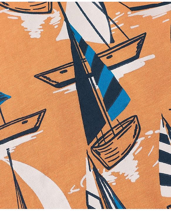 Babyhug Single Jersey Knit Sleeveless Tank T-Shirt & Shorts Set With Nautical Print Theme - Orange & Navy Blue