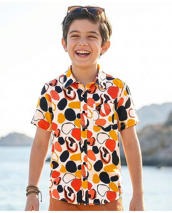 Pine Kids Viscose Woven Half Sleeves Shirt With Abstract Print - Multicolour