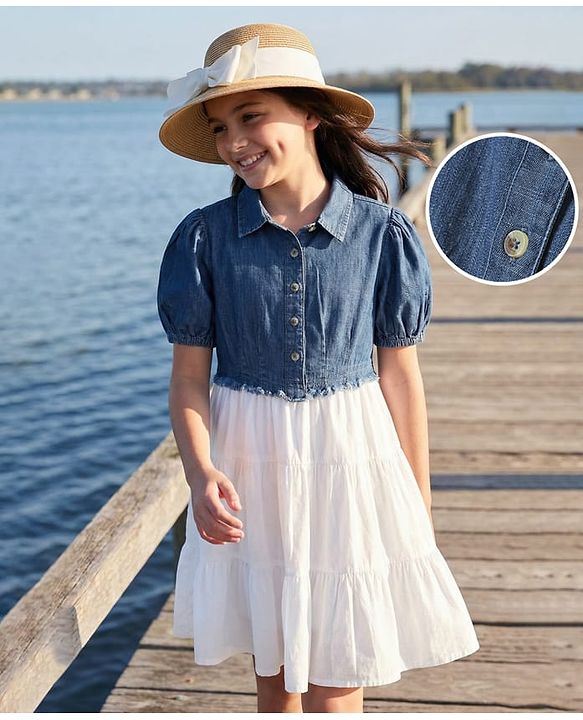 Pine Kids Cotton Woven Puffed Sleeves Frock With Attached Jacket - White