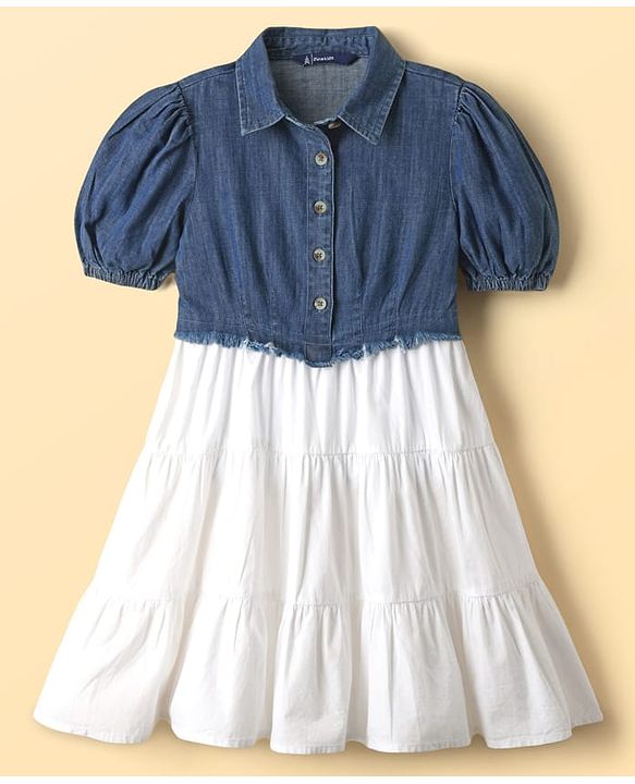 Pine Kids Cotton Woven Puffed Sleeves Frock With Attached Jacket - White