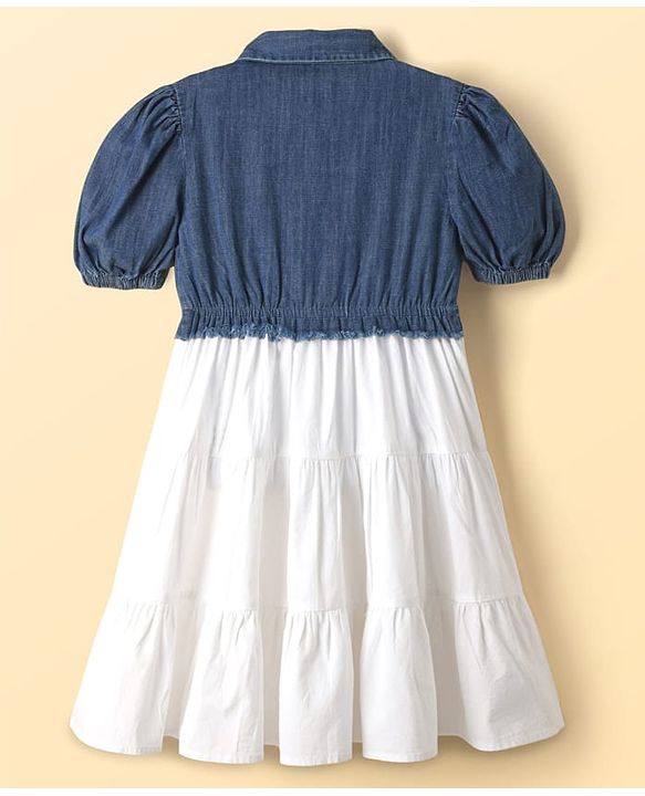 Pine Kids Cotton Woven Puffed Sleeves Frock With Attached Jacket - White