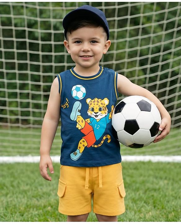 Babyhug Single Jersey Knit Sleeveless Tank T-Shirt & Shorts Set with Tiger Print - Navy Blue & Yellow