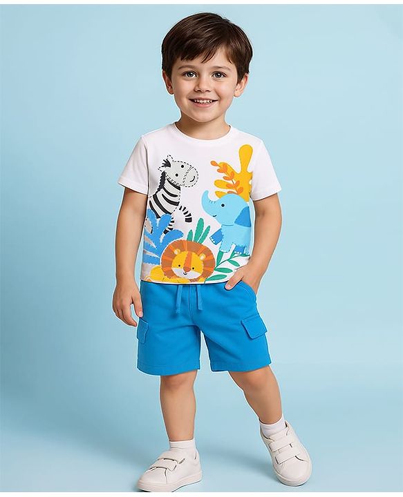 Babyhug Single Jersey Knit Half Sleeves T-Shirt & Shorts Set With Animal Print - White & Blue