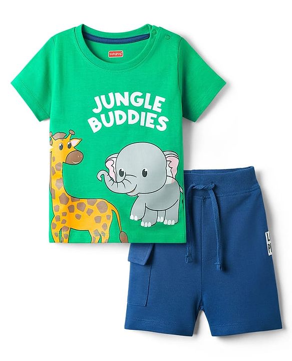 Babyhug Single Jersey Knit Half Sleeves T-Shirt & Shorts Set With Animal Print - Green & Blue