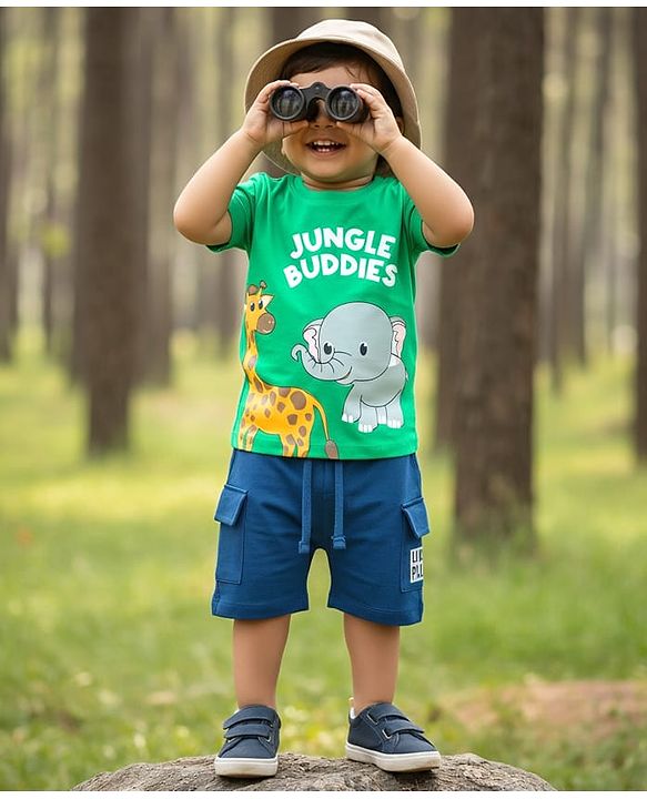 Babyhug Single Jersey Knit Half Sleeves T-Shirt & Shorts Set With Animal Print - Green & Blue