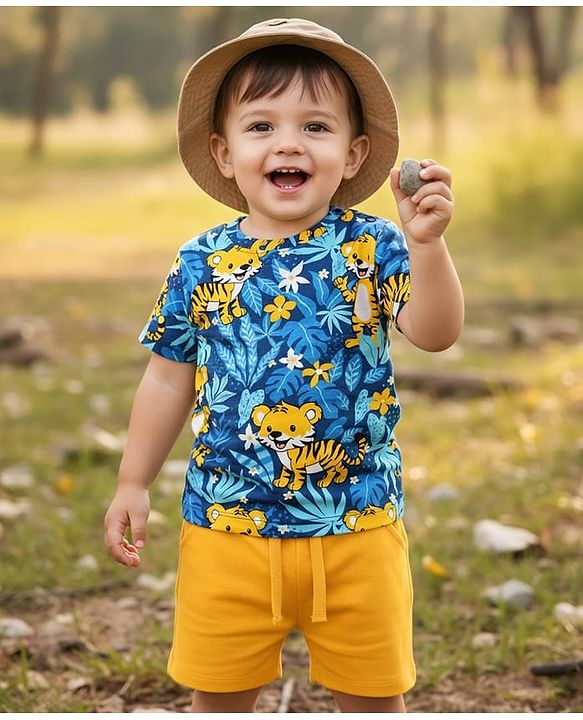 Babyhug Single Jersey Knit Half Sleeves T-Shirt & Shorts Set With Tiger Print - Navy Blue & Yellow