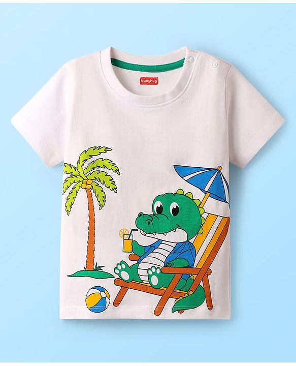 Babyhug Single Jersey Knit Half Sleeves T-Shirt & Shorts Set with Crocodile Print - Green & White