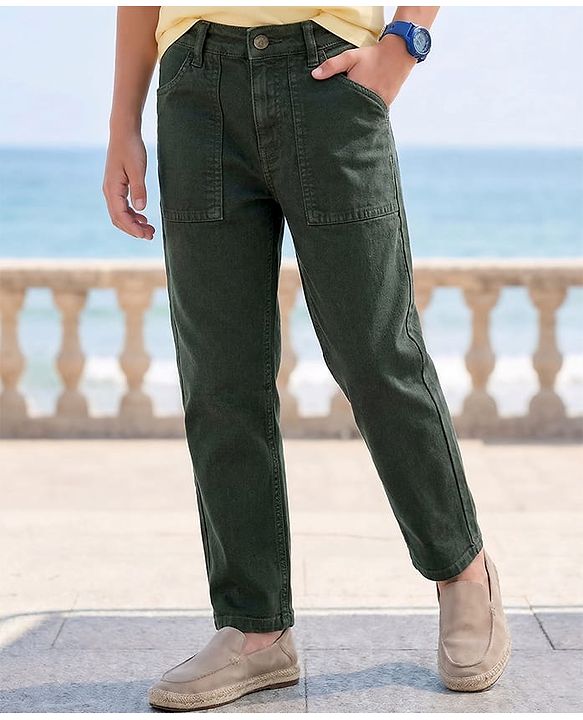 Pine Kids Woven Full Length Washed Denin Jeans - Dark Green