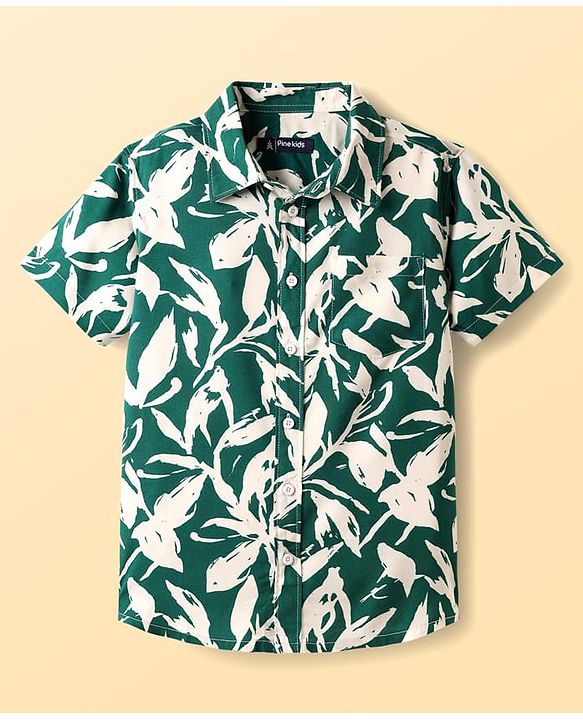 Pine Kids Viscose Woven Half Sleeves Shirt With Floral Print - Dark Green