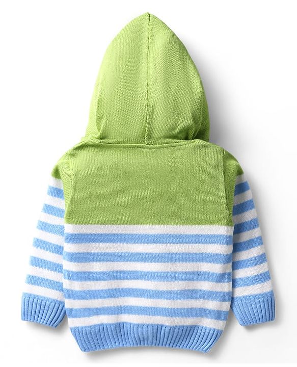 Babyhug Knitted Full Sleeves Striped Hooded Sweater Set - Light Green