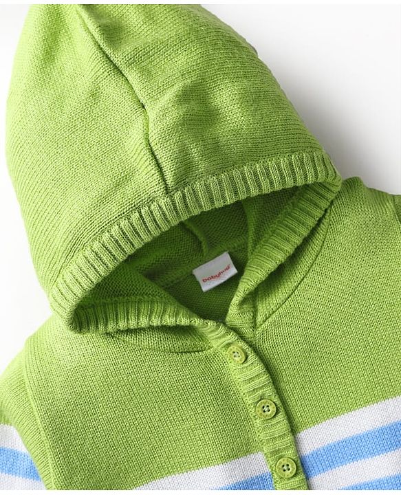 Babyhug Knitted Full Sleeves Striped Hooded Sweater Set - Light Green