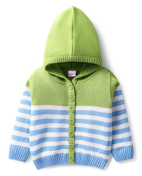 Babyhug Knitted Full Sleeves Striped Hooded Sweater Set - Light Green