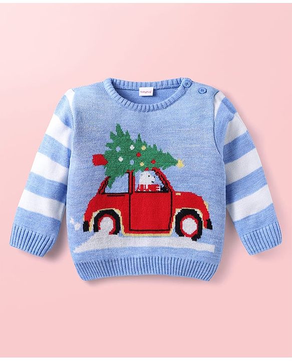 Babyhug Knit Full Sleeves Sweater Set With Stripes & Christmas Theme Design - Light Blue & White