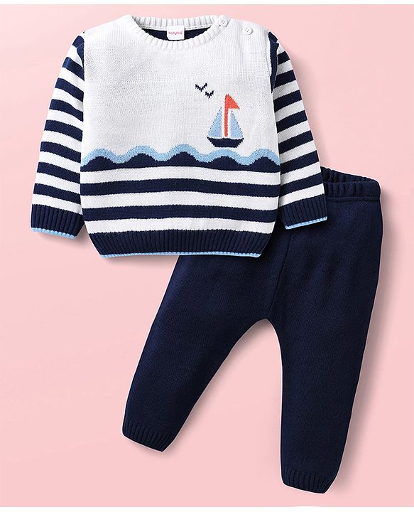 Babyhug Knit Full Sleeves Sweater Set With Stripes & Nautical Theme Design - Navy Blue