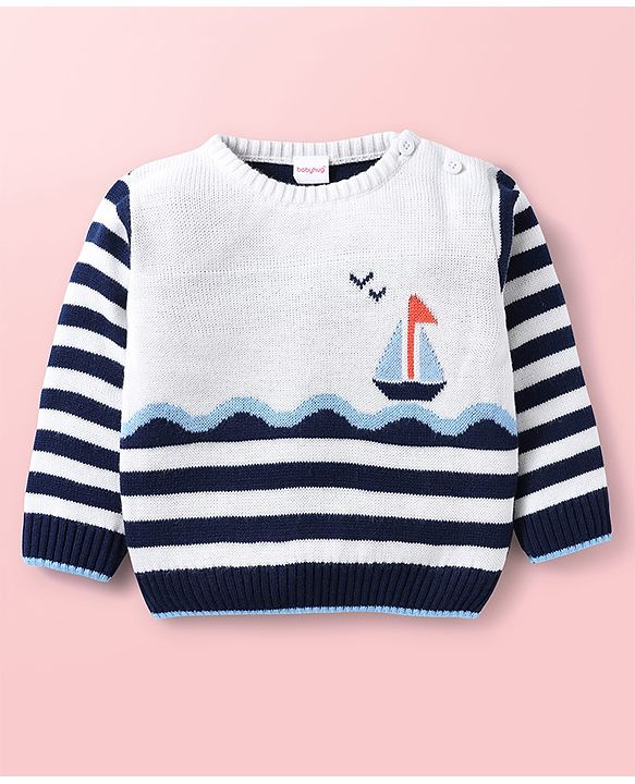 Babyhug Knit Full Sleeves Sweater Set With Stripes & Nautical Theme Design - Navy Blue