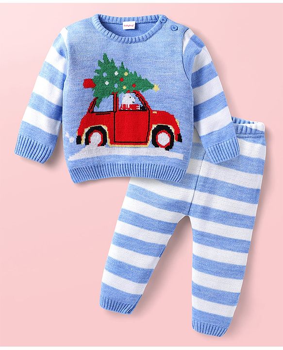 Babyhug Knit Full Sleeves Sweater Set With Stripes & Christmas Theme Design - Light Blue & White