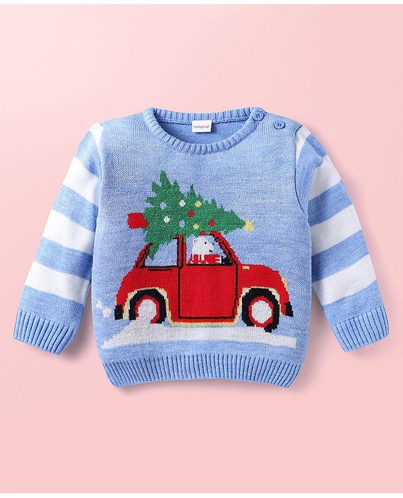 Babyhug Knit Full Sleeves Sweater Set With Stripes & Christmas Theme Design - Light Blue & White