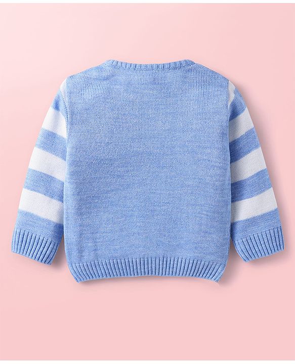 Babyhug Knit Full Sleeves Sweater Set With Stripes & Christmas Theme Design - Light Blue & White