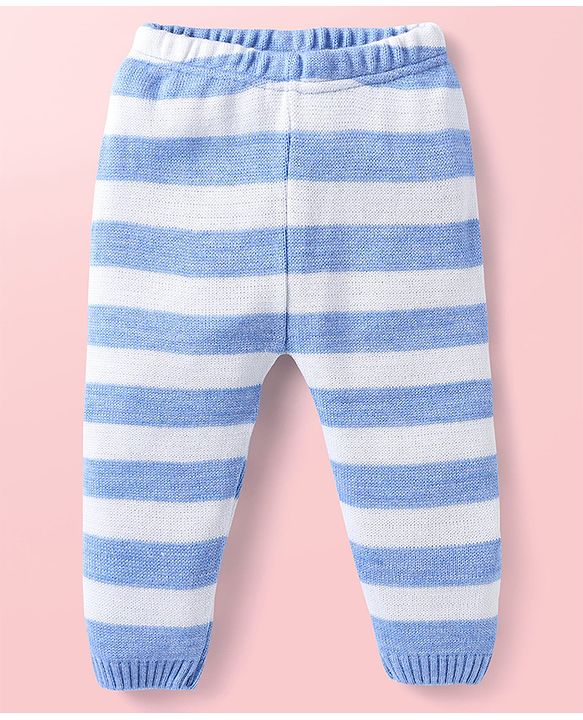 Babyhug Knit Full Sleeves Sweater Set With Stripes & Christmas Theme Design - Light Blue & White