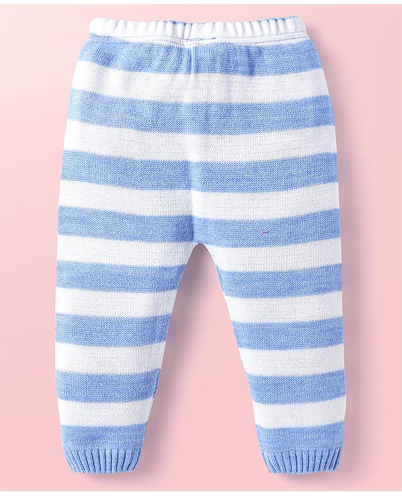 Babyhug Knit Full Sleeves Sweater Set With Stripes & Christmas Theme Design - Light Blue & White