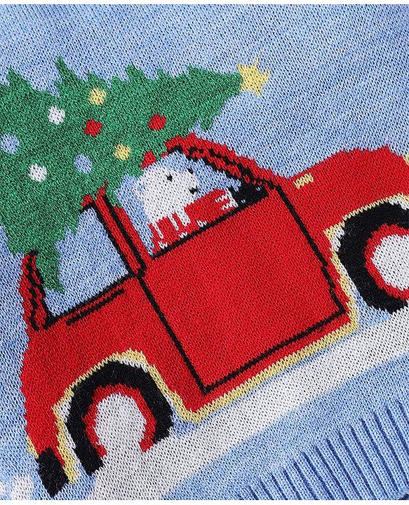 Babyhug Knit Full Sleeves Sweater Set With Stripes & Christmas Theme Design - Light Blue & White