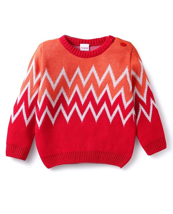 Babyhug Knitted Full Sleeves Sweater Set with Chevron Design - Red