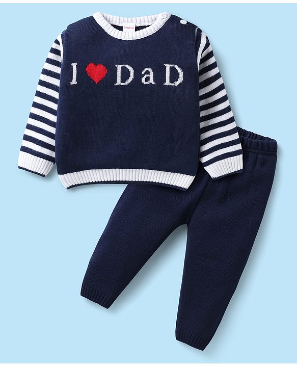 Babyhug Knitted Full Sleeves Sweater Set with Stripes & Text Design - Royal Blue