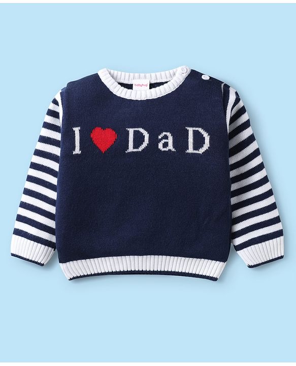 Babyhug Knitted Full Sleeves Sweater Set with Stripes & Text Design - Royal Blue