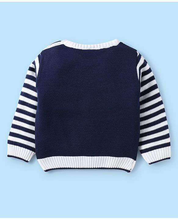 Babyhug Knitted Full Sleeves Sweater Set with Stripes & Text Design - Royal Blue
