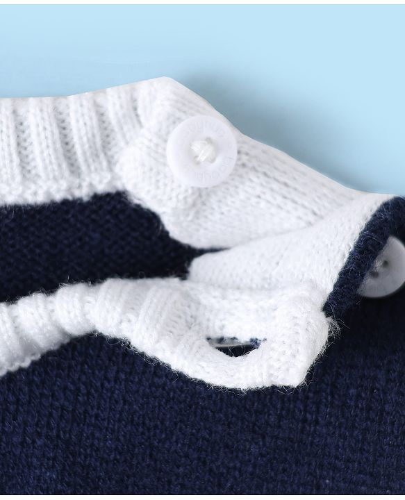 Babyhug Knitted Full Sleeves Sweater Set with Stripes & Text Design - Royal Blue
