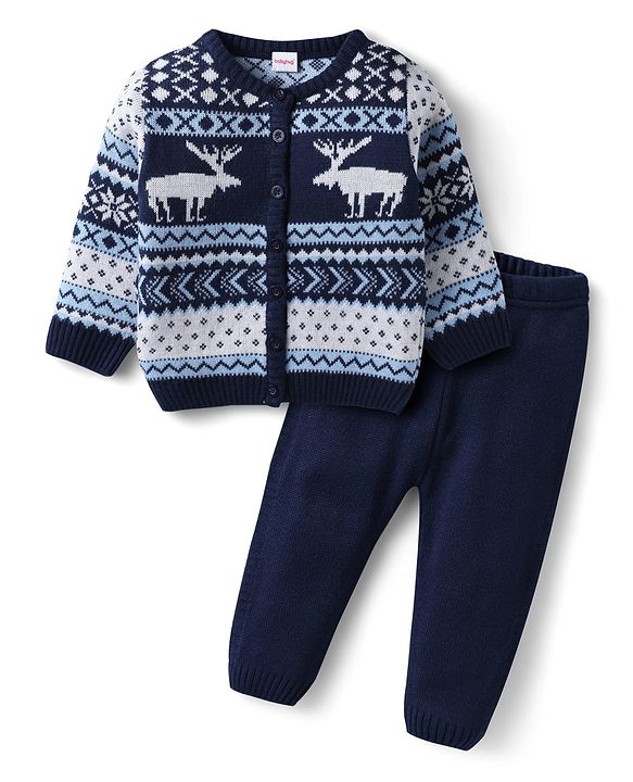 Babyhug Knitted Full Sleeves Front Open Sweater Set With Reindeer Design - Royal Blue