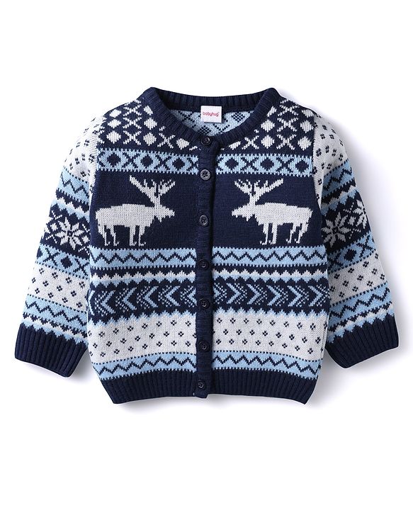 Babyhug Knitted Full Sleeves Front Open Sweater Set With Reindeer Design - Royal Blue