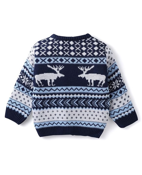 Babyhug Knitted Full Sleeves Front Open Sweater Set With Reindeer Design - Royal Blue