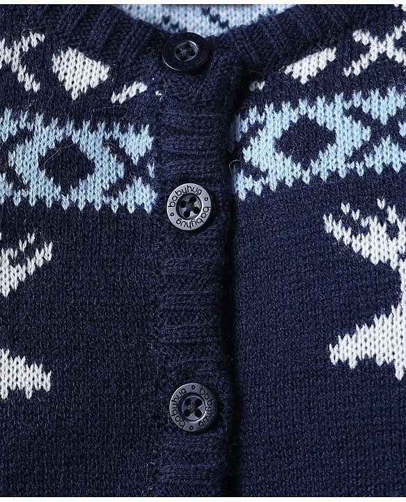 Babyhug Knitted Full Sleeves Front Open Sweater Set With Reindeer Design - Royal Blue