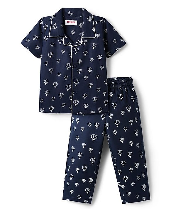Babyhug Cotton Knit Half Sleeves Co-ords T-Shirt & Shorts Night Suit with Tropical Theme Print - Blue