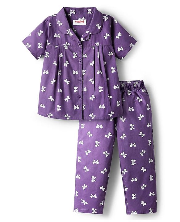 Babyhug Cotton Woven Half Sleeves Co-Ords Nightsuit With Bow Print - Purple