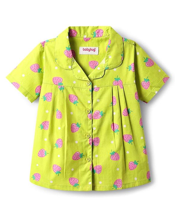 Babyhug Cotton Woven Half Sleeves Co-Ords Nightsuit With Strawberry Print - Green