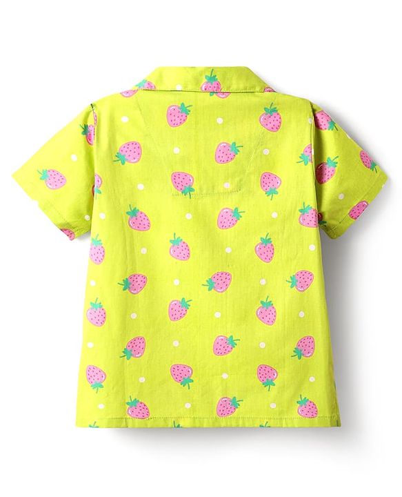 Babyhug Cotton Woven Half Sleeves Co-Ords Nightsuit With Strawberry Print - Green
