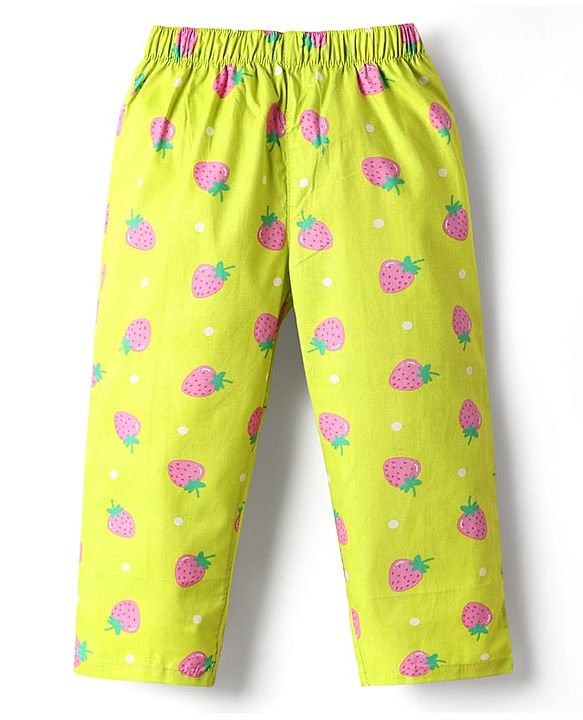 Babyhug Cotton Woven Half Sleeves Co-Ords Nightsuit With Strawberry Print - Green