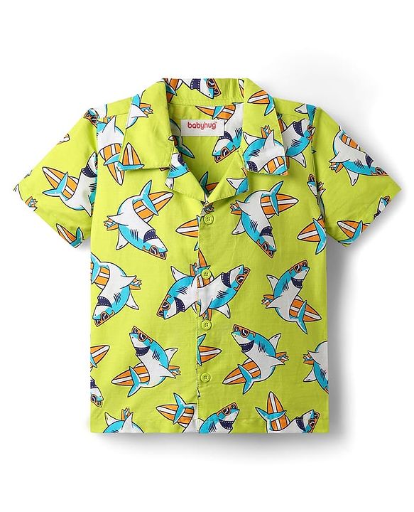 Babyhug Cotton Woven Half Sleeves Co-ords Night Suit With Shark Print - Lime Green