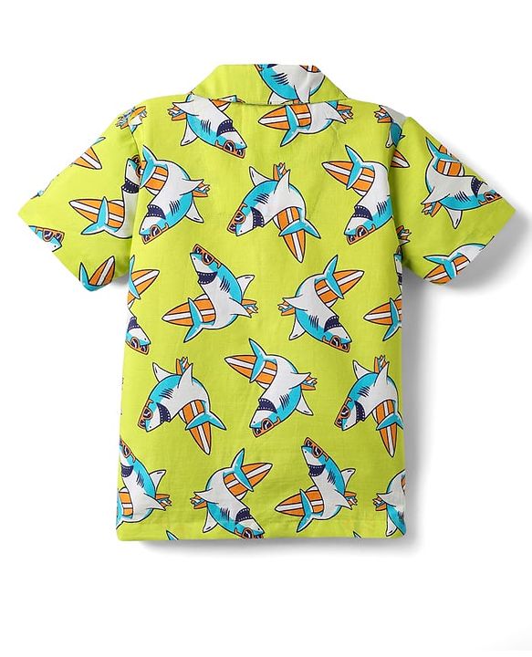 Babyhug Cotton Woven Half Sleeves Co-ords Night Suit With Shark Print - Lime Green