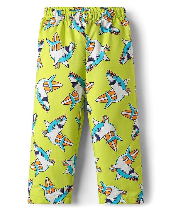 Babyhug Cotton Woven Half Sleeves Co-ords Night Suit With Shark Print - Lime Green