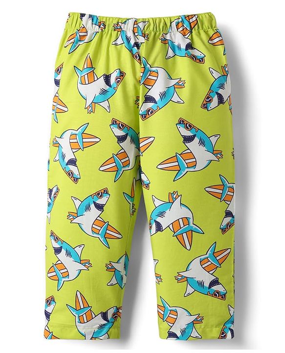 Babyhug Cotton Woven Half Sleeves Co-ords Night Suit With Shark Print - Lime Green