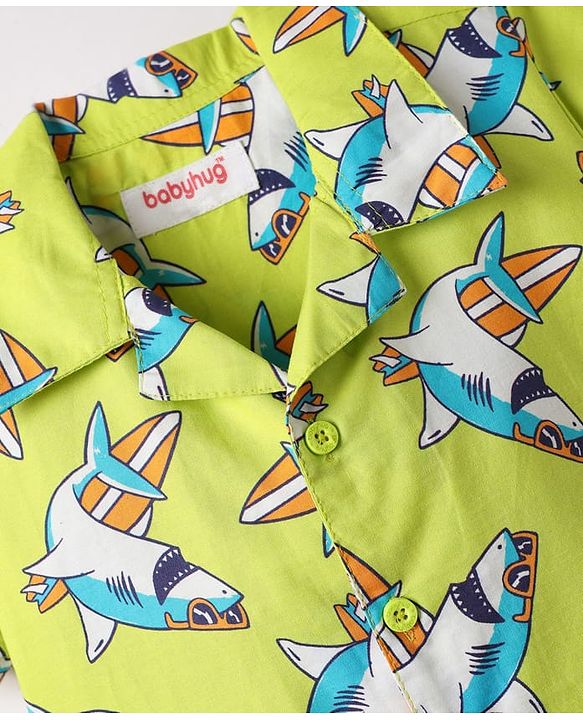 Babyhug Cotton Woven Half Sleeves Co-ords Night Suit With Shark Print - Lime Green
