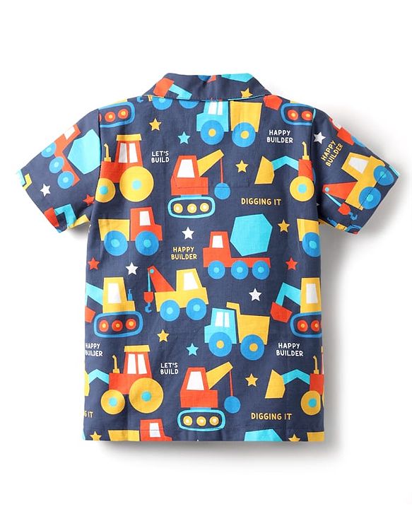 Babyhug 100% Cotton Woven Half Sleeves Co-ords Night Suit With Vehicle Print - Navy Blue