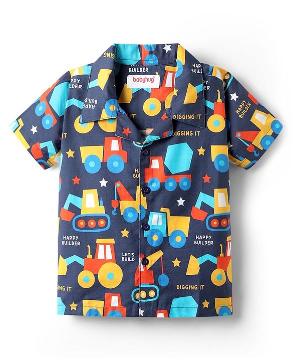 Babyhug 100% Cotton Woven Half Sleeves Co-ords Night Suit With Vehicle Print - Navy Blue