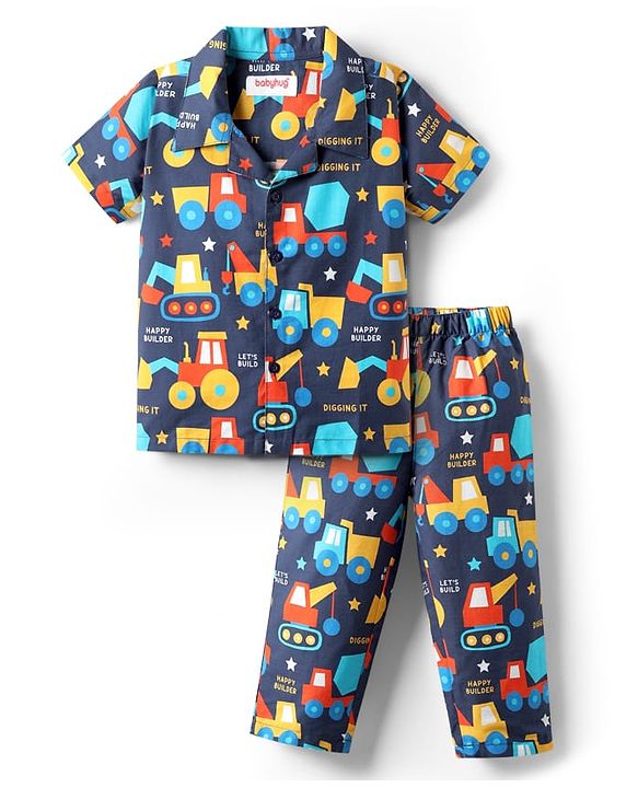 Babyhug 100% Cotton Woven Half Sleeves Co-ords Night Suit With Vehicle Print - Navy Blue