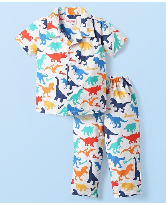 Babyhug Cotton Woven Half Sleeves Co-ords Night Suit With Dino Print - White